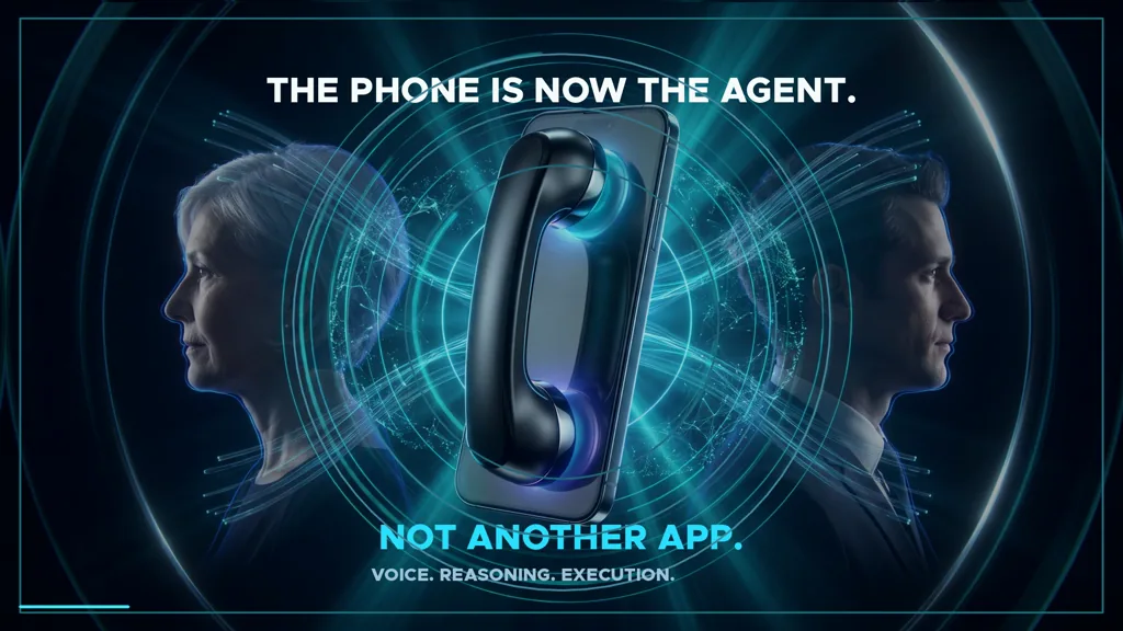 Futuristic visual of a phone with two people connected by voice